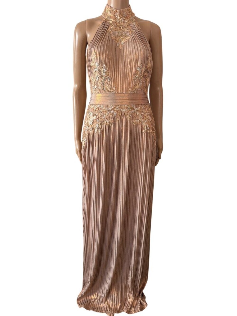 Tadashi Shoji Vanna Champagne Metallic Pintuck Formal Gown Women's Size S